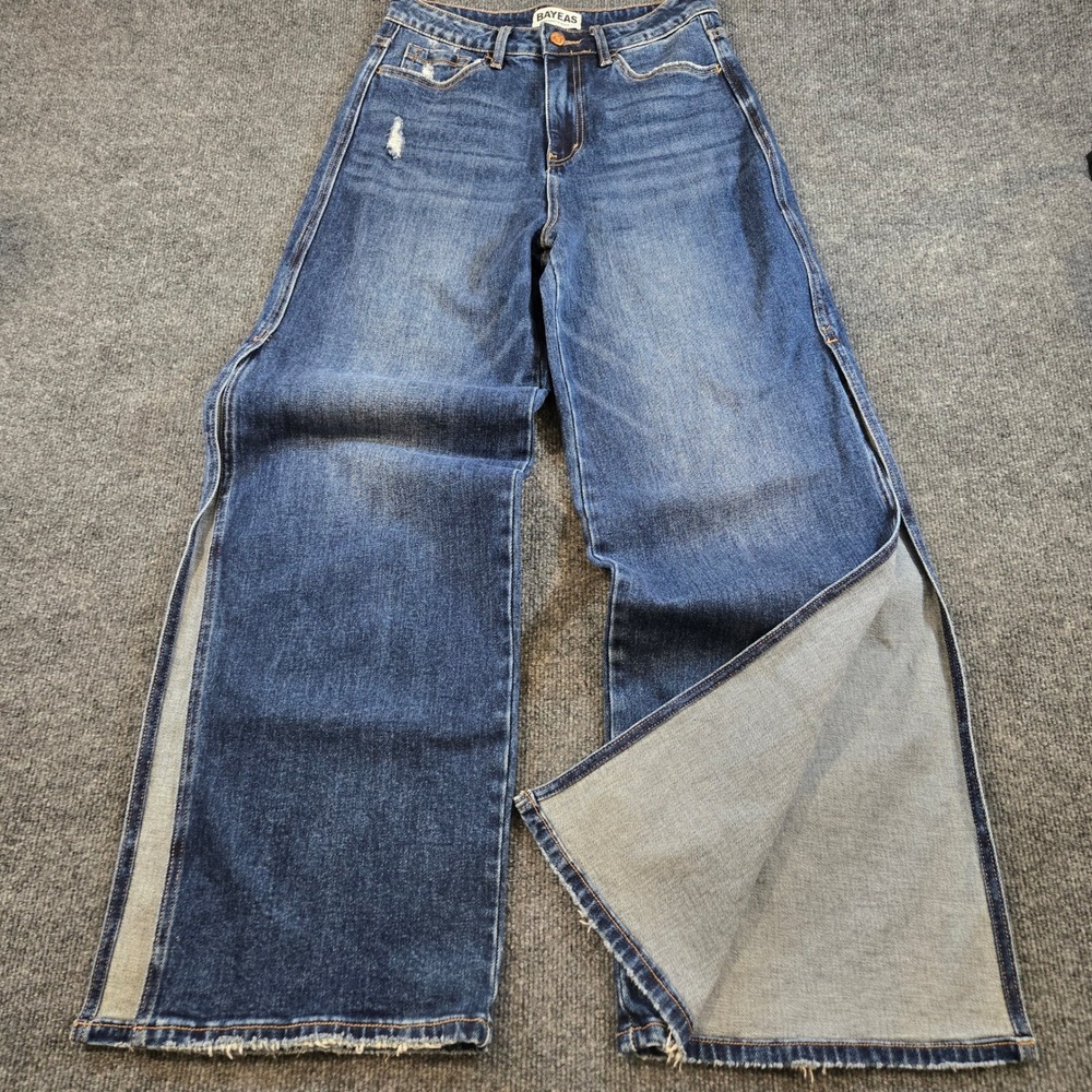 Bayeas High Rise Wide Leg High Side Slit Distressed Denim Statement Jeans 27 Y2K